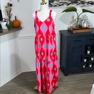 Stylish Vibrant Pink and Red Maxi Dress with Blue Accents